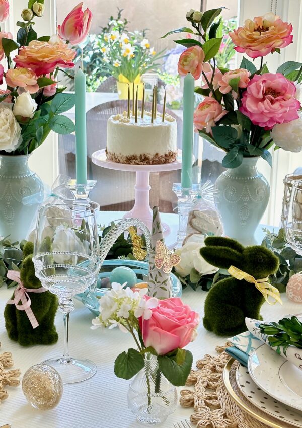 Easter Table Design with Bunnies and Butterlfies