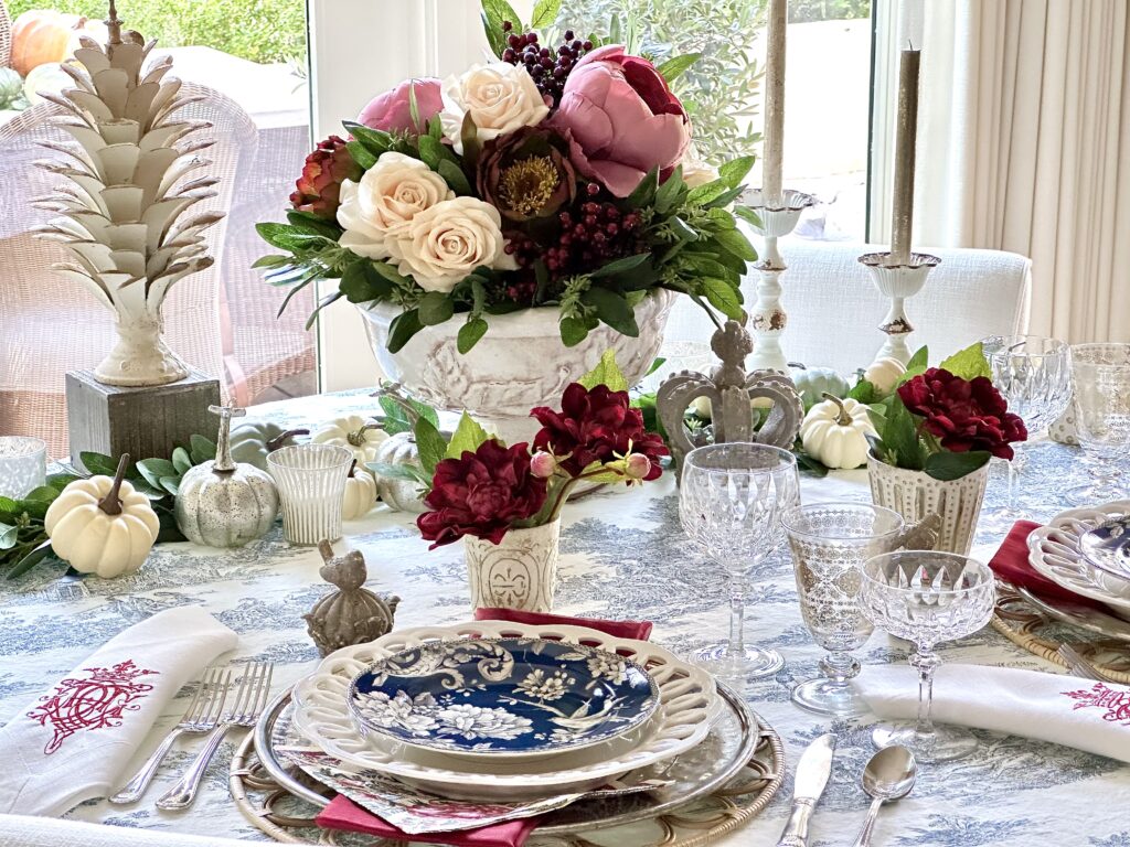 A French Country Blue and White Thanksgiving Day Table