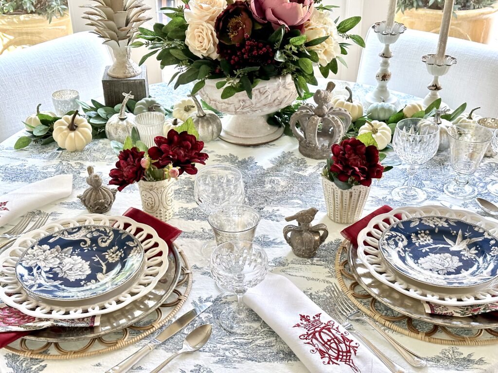 A French Country Blue and White Thanksgiving Day Table