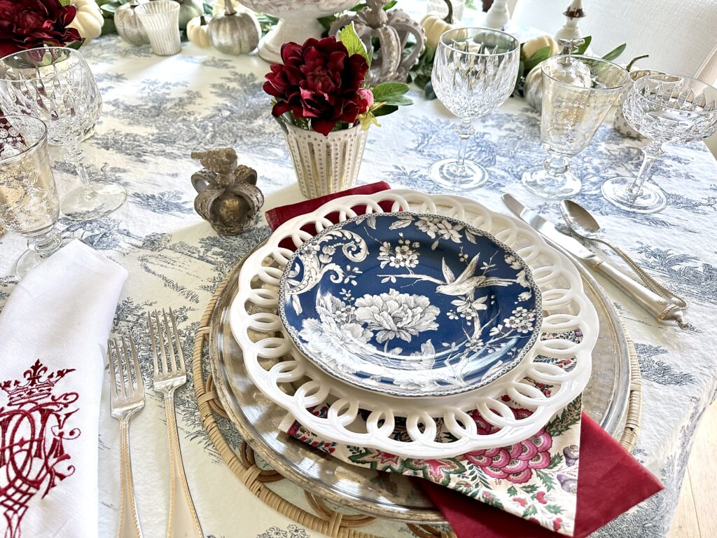 A French Country Blue and White Thanksgiving Day Table