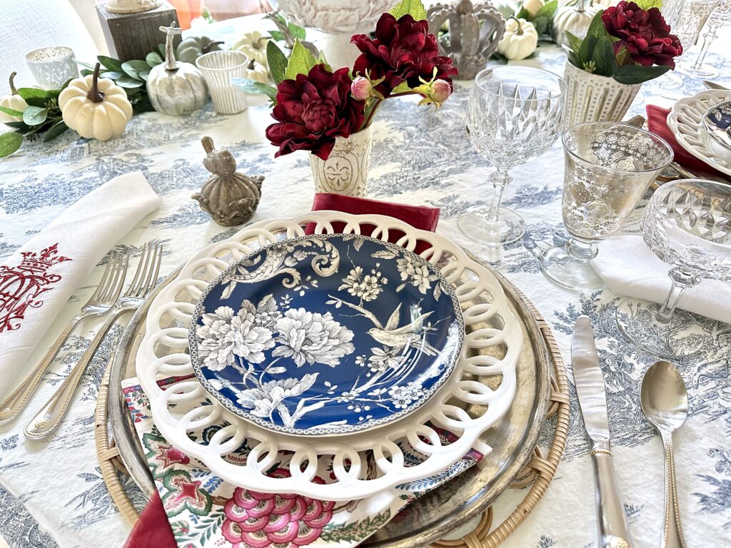 A French Country Blue and White Thanksgiving Day Table